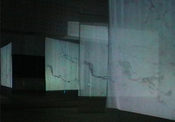 Screens with video projection in dance studio, reflected in mirror